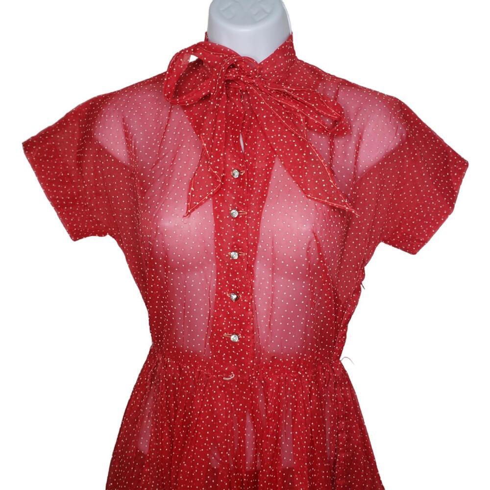 Vintage Unbranded Women's Small Sheer Red Polkadot Fit Flare Dress (1860) - Picture 4 of 8